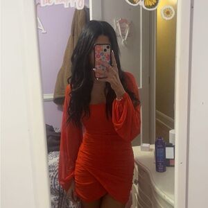 Lucy in the Sky Orange Ruched Long-Sleeve Mini Dress